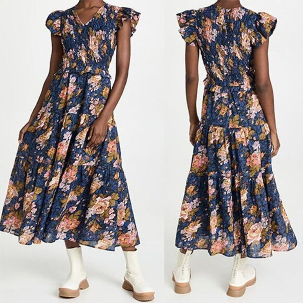NWT Sea New York Floral Ines Flutter Sleeve Smocked Ruffled Midi Dress Navy